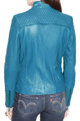 Women's sky blue quilted lambskin leather jacket slim fit 2