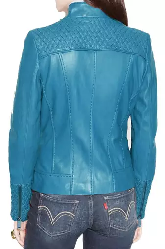 Women's sky blue quilted lambskin leather jacket slim fit