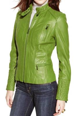 Women's apple green lambskin leather quilted moto jacket 1