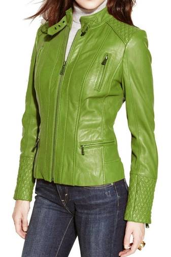 Women's apple green lambskin leather quilted moto jacket