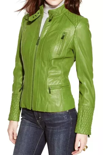 Women's apple green lambskin leather quilted moto jacket
