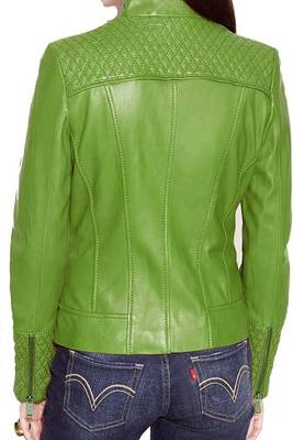 Women's apple green lambskin leather quilted moto jacket 2