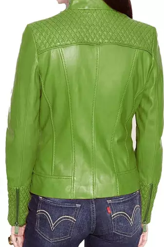 Women's apple green lambskin leather quilted moto jacket