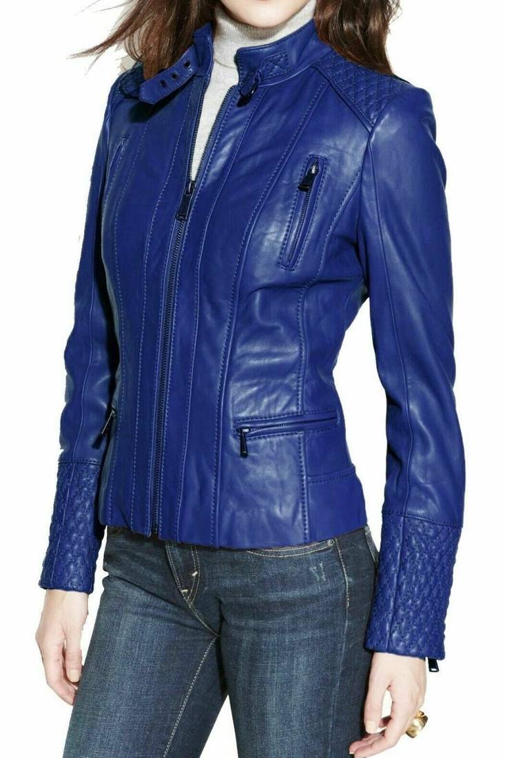 Women's cobalt blue real lambskin leather slim fit jacket