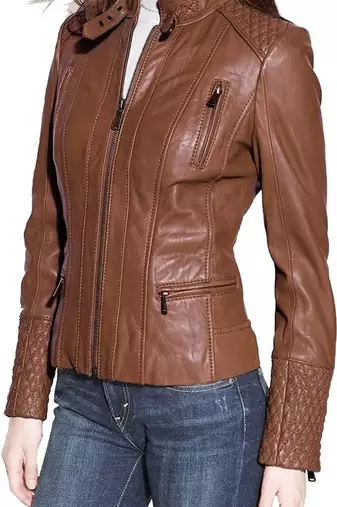 Women's brown lambskin leather quilted cafe racer jacket