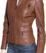 Women's brown lambskin leather quilted cafe racer jacket