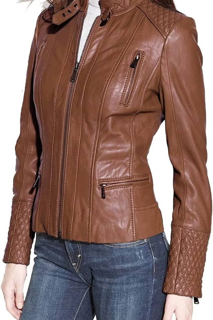 Women's brown lambskin leather quilted cafe racer jacket
