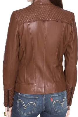 Women's brown lambskin leather quilted cafe racer jacket 2