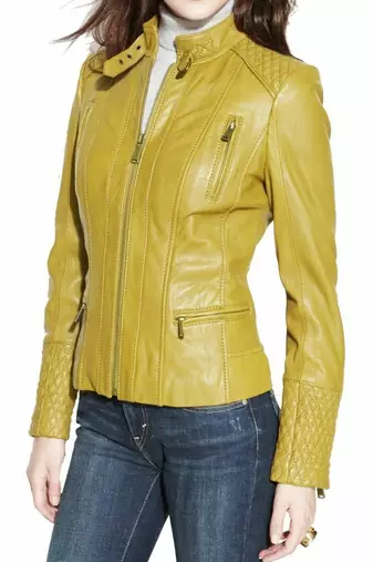 Women's mustard yellow lambskin leather slim fit jacket