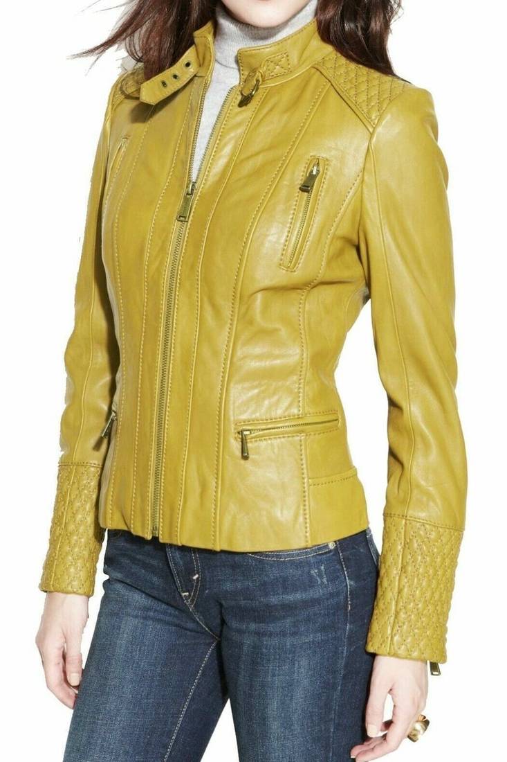 Women's mustard yellow lambskin leather slim fit jacket