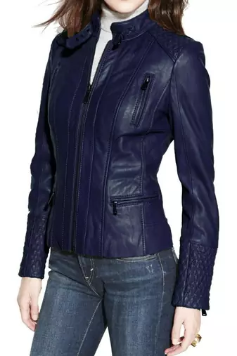 Women's dark navy lambskin leather quilted moto bikerjacket