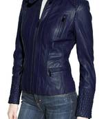 Women's dark navy lambskin leather quilted moto bikerjacket