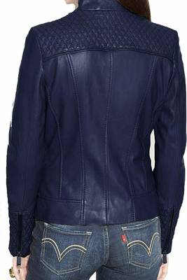 Women's dark navy lambskin leather quilted moto bikerjacket 2