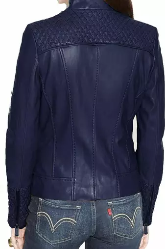 Women's dark navy lambskin leather quilted moto bikerjacket