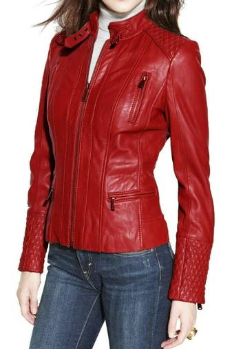Women's red genuine leather casual biker jacket