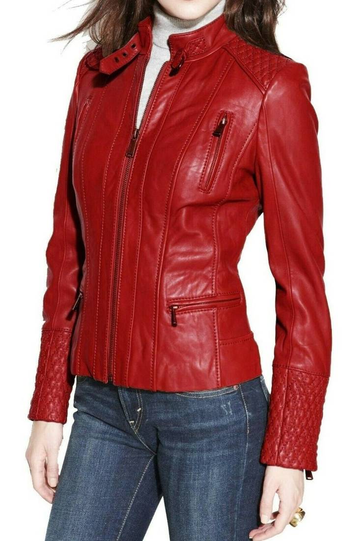 Women's red genuine leather casual biker jacket