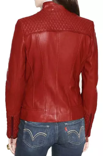 Women's red genuine leather casual biker jacket
