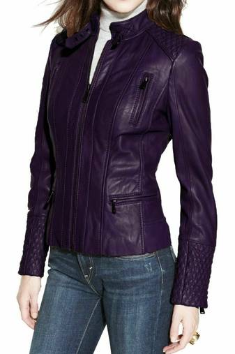 Women's purple genuine leather moto jacket slim fit biker coat