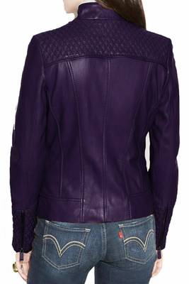 Women's purple genuine leather moto jacket slim fit biker coat 2