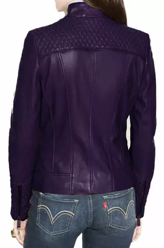 Women's purple genuine leather moto jacket slim fit biker coat
