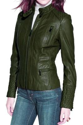 Women's olive green genuine leather moto jacket quilted shoulder slim fit 1