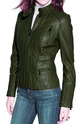 Women's olive green genuine leather moto jacket quilted shoulder slim fit