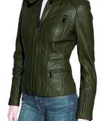 Women's olive green genuine leather moto jacket quilted shoulder slim fit