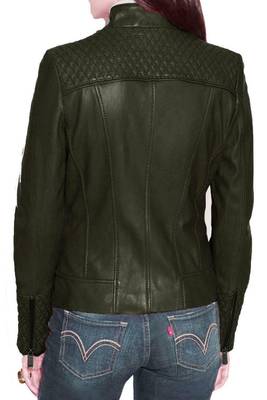 Women's olive green genuine leather moto jacket quilted shoulder slim fit 2