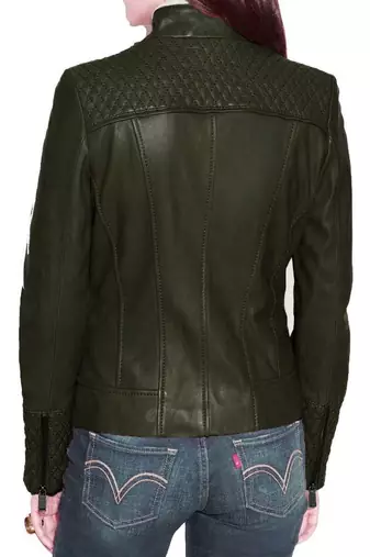 Women's olive green genuine leather moto jacket quilted shoulder slim fit