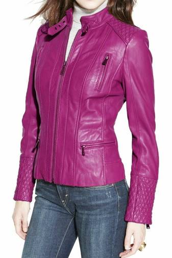 Women's magenta pink genuine leather zipper biker jacket