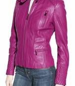 Women's magenta pink genuine leather zipper biker jacket