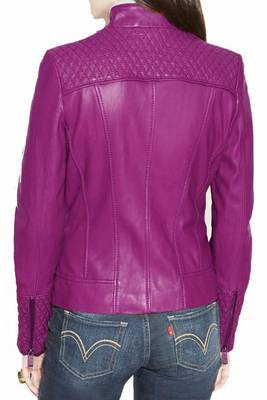 Women's magenta pink genuine leather zipper biker jacket 2