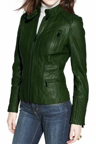 Women's forest green lambskin leather cafe racer slim fit jacket
