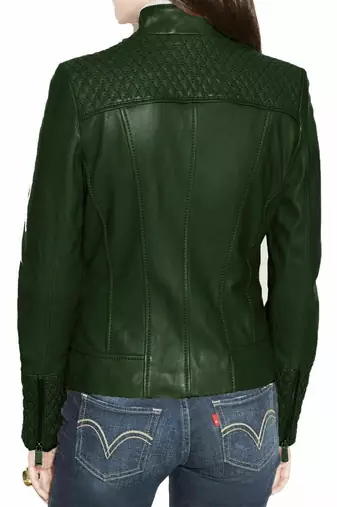 Women's forest green lambskin leather cafe racer slim fit jacket