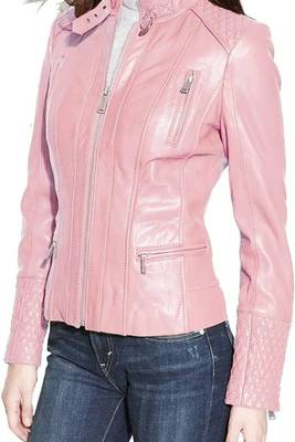 Women's baby pink genuine leather moto jacket zip front 1