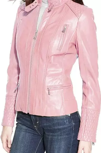Women's baby pink genuine leather moto jacket zip front