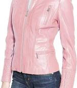 Women's baby pink genuine leather moto jacket zip front