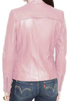 Women's baby pink genuine leather moto jacket zip front 2