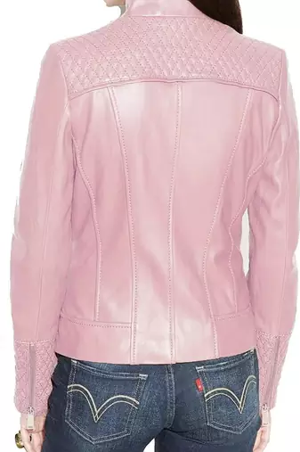 Women's baby pink genuine leather moto jacket zip front