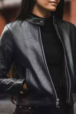 Women's black genuine leather cafe racer jacket stand collar 1