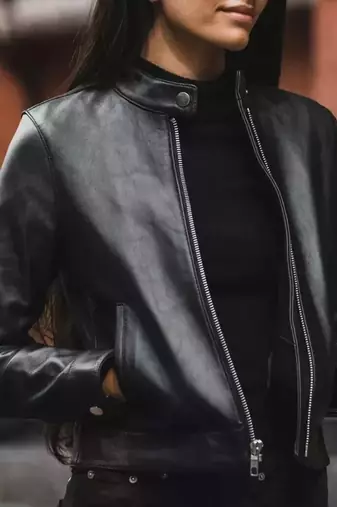 Women's black genuine leather cafe racer jacket stand collar