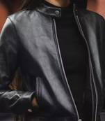 Women's black genuine leather cafe racer jacket stand collar