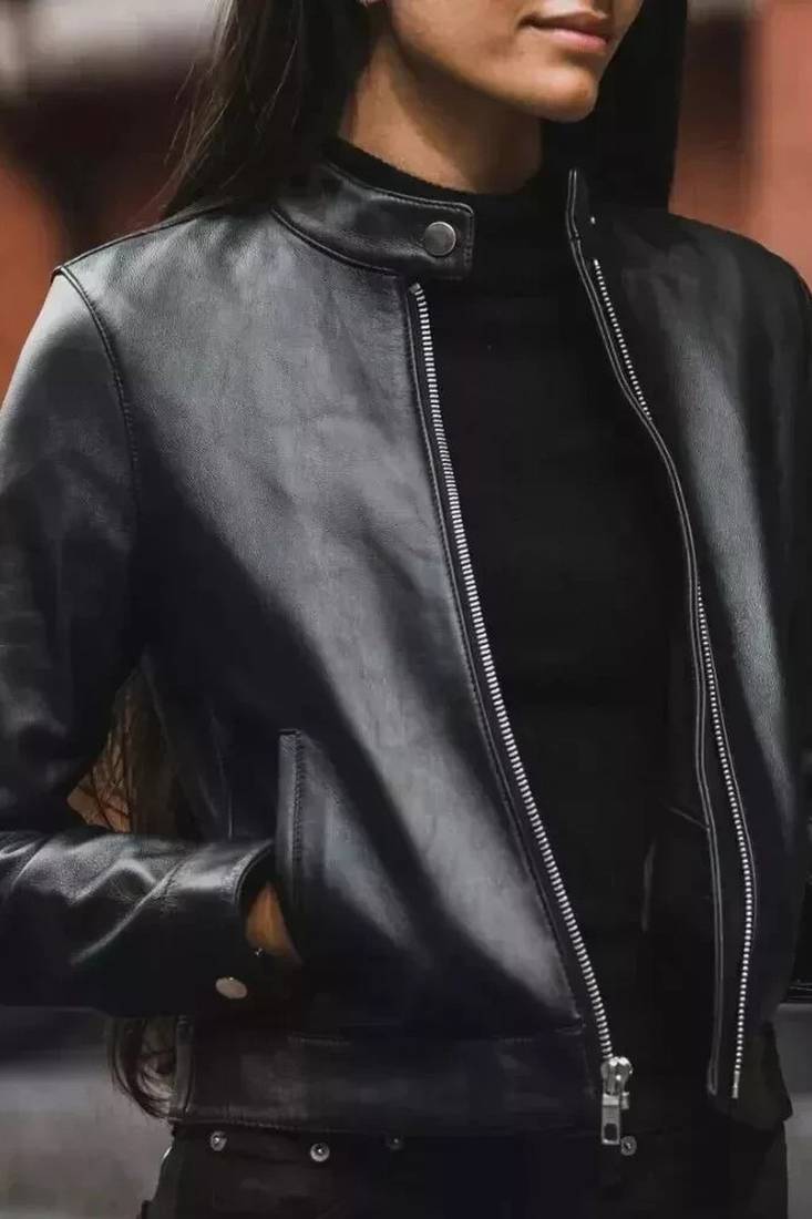 Women's black genuine leather cafe racer jacket stand collar