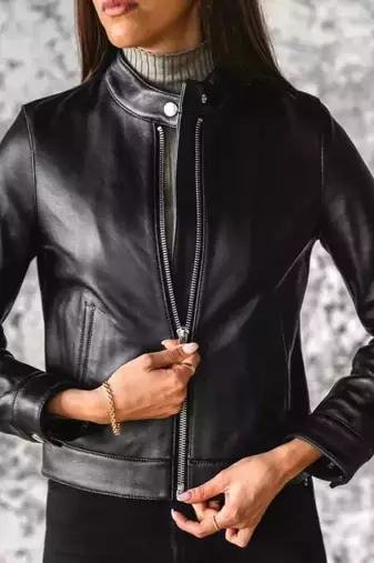Women's black genuine leather cafe racer jacket stand collar