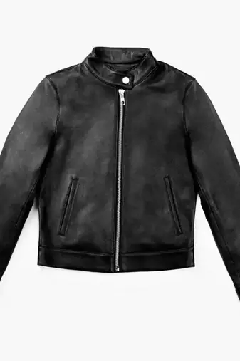 Women's black genuine leather cafe racer jacket stand collar