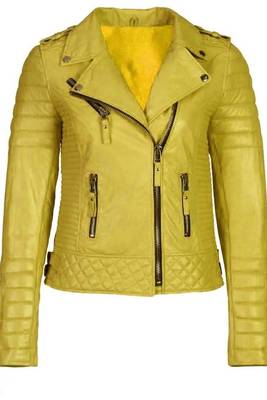 Women's yellow genuine leather biker moto jacket quilted 1