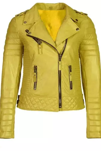 Women's yellow genuine leather biker moto jacket quilted