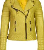 Women's yellow genuine leather biker moto jacket quilted