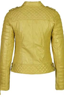 Women's yellow genuine leather biker moto jacket quilted 2