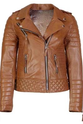 Women's tan brown lambskin leather moto biker jacket quilted zip 1